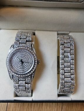 Geneva Silver-Tone Crystal Men's Watch and Bracelet Set